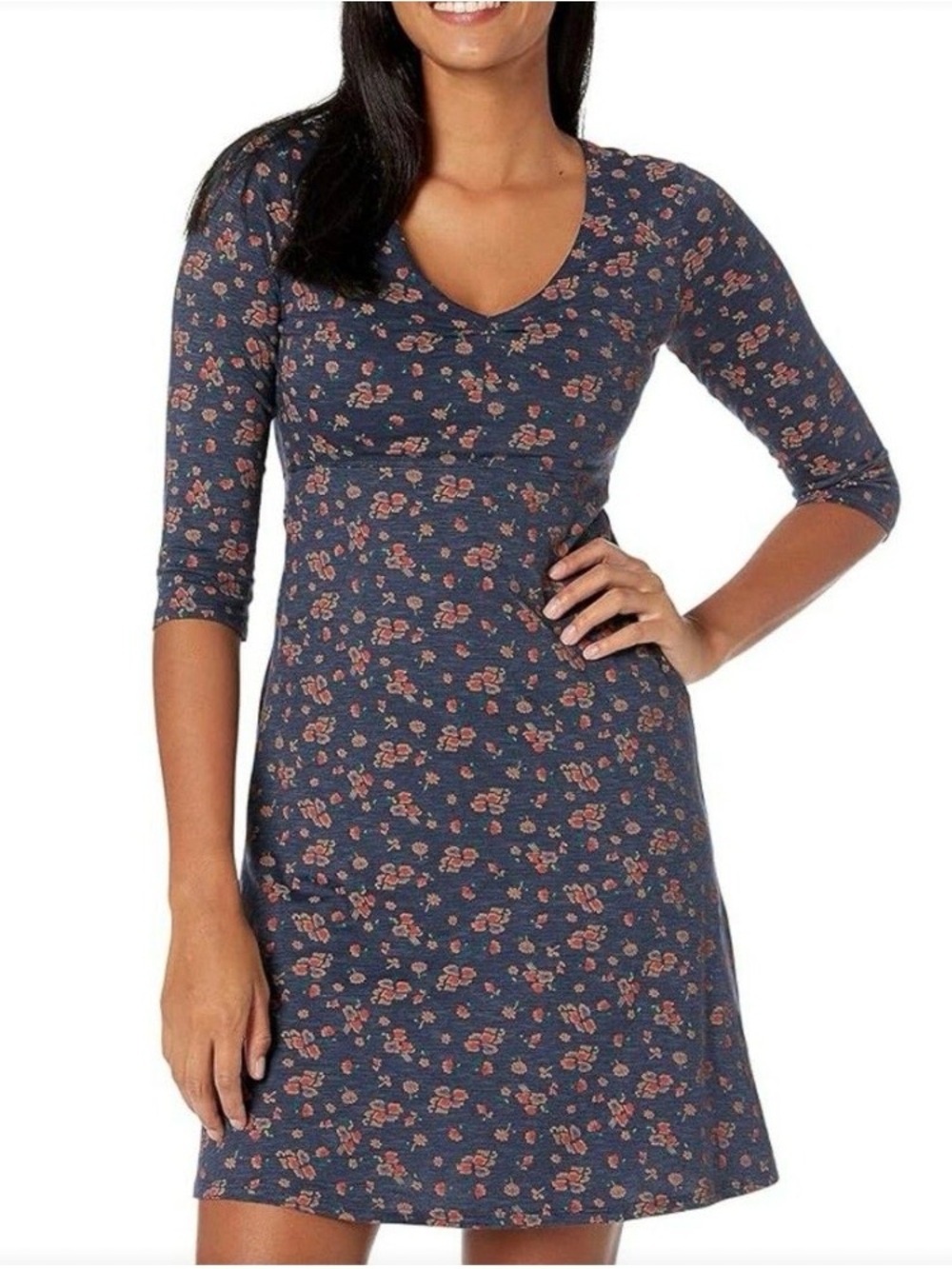 Floral Scoop Neck A-Line Dress - Navy with Pink Floral